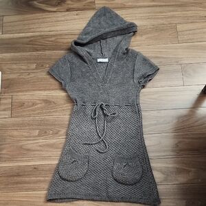 Gray Knit Hooded Mini Dress with Tie Waist
